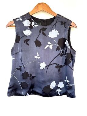 Spenser Jeremy Sleeveless Floral Satin Shell Top, Fitted - Navy & Gray, Silk
